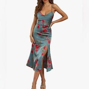 Tsher Women's Cowl Neck Spaghetti Strap Slit Satin